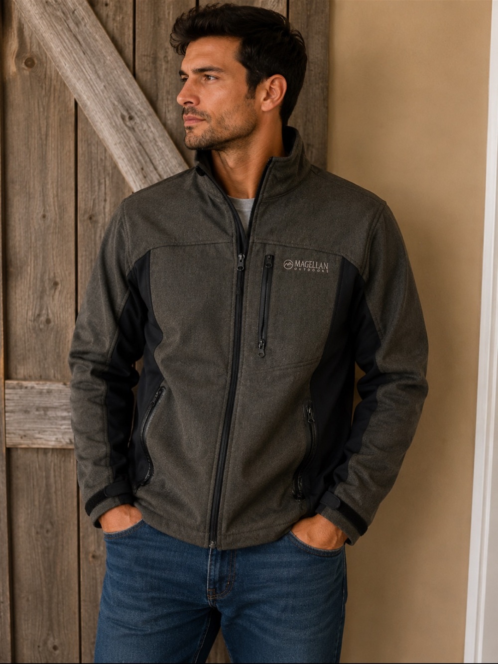 Magellan Outdoors Two-Tone Olive and Black Lightweight Softshell Jacket